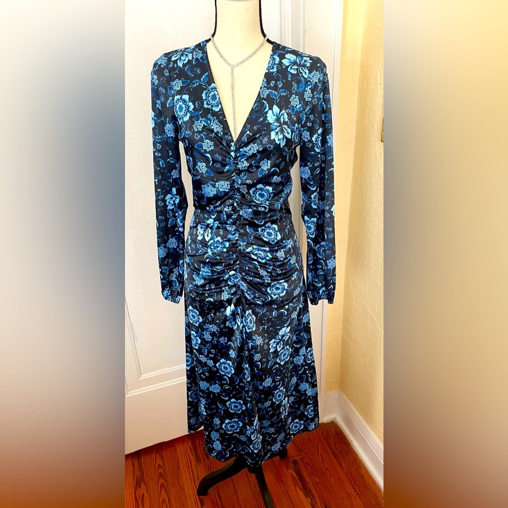 NWOT Nordstrom Heidi‎ Ruched Blue Floral Long Sleeve Midi Size Small